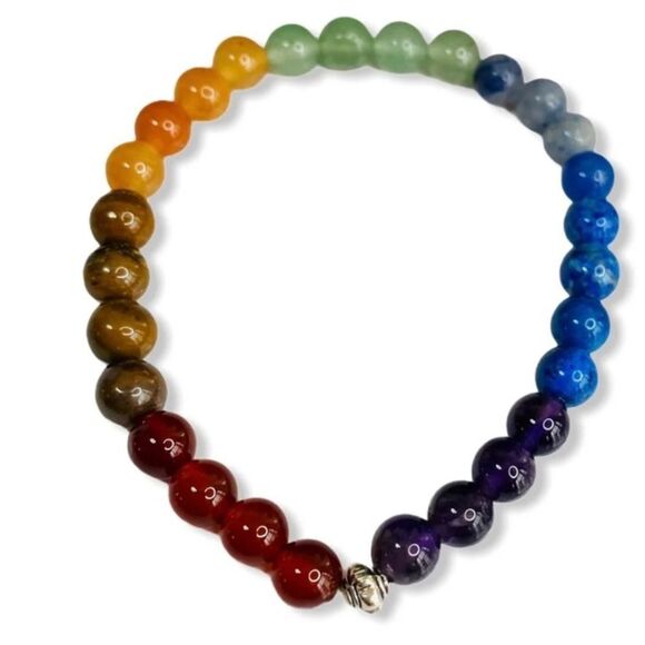 Rainbow Gemstone Bead Stretch Bracelet Set 2pcs - Picture 6 of 7